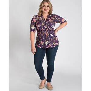 Kiyonna Women's Top Tunic 2X Purple Floral Caycee Twist Style V Neck Colorful